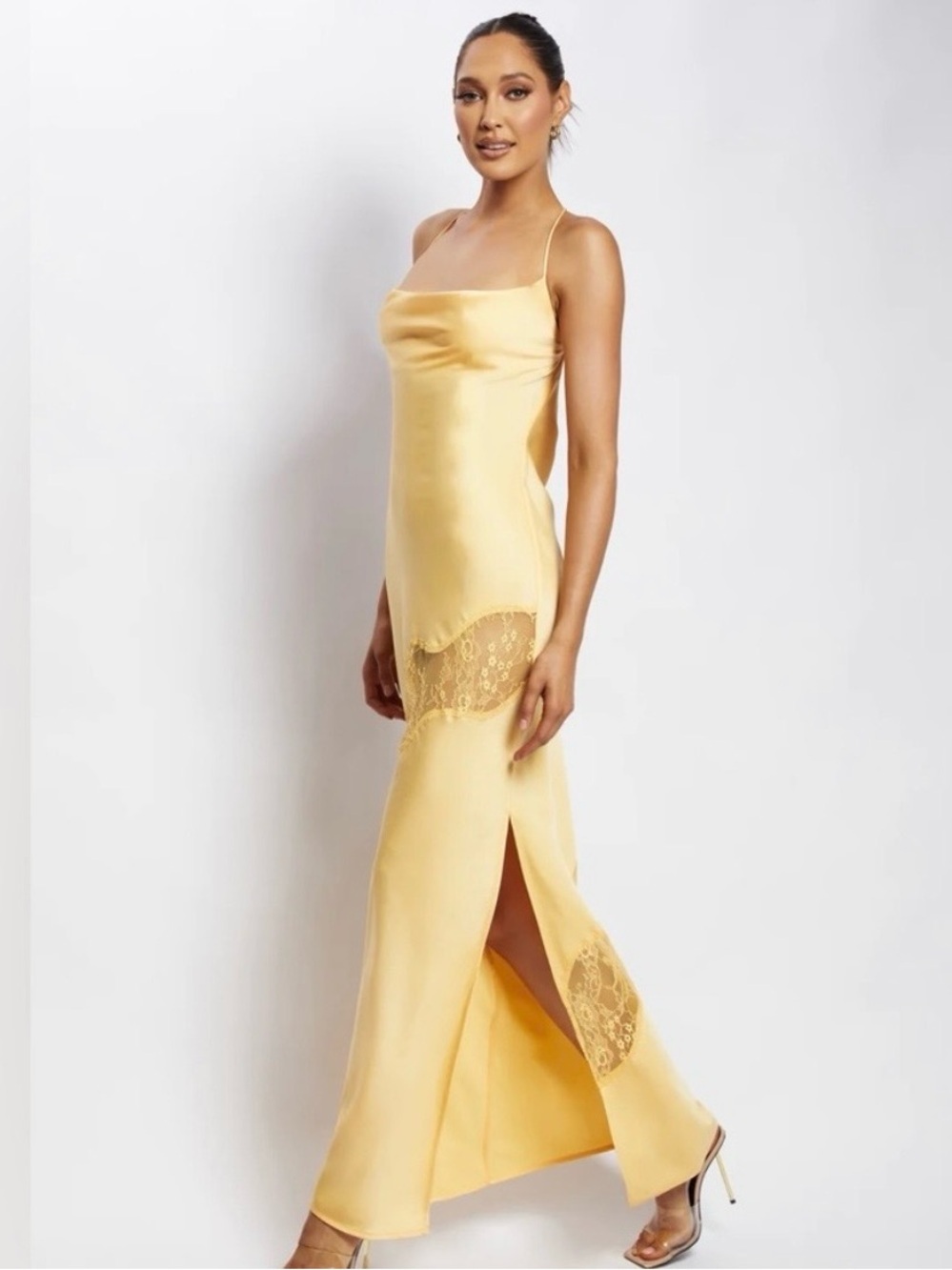 Meshki NWT Chandra Satin Lace Detail Maxi Dress Yellow Lemon Size M